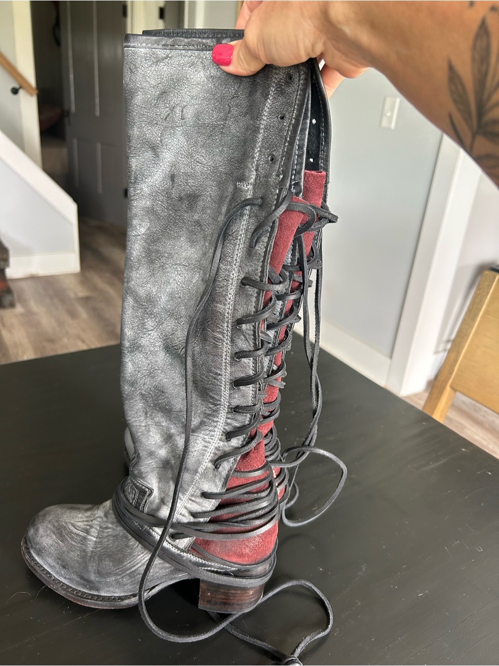 freebird Black Leather Knee-High Lace-Up Boots with Red Suede Panel